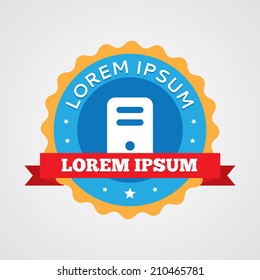 computer vintage badge, label icon. Blue with red ribbon 
