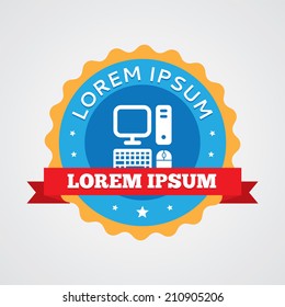 computer vintage badge, label icon. Blue with red ribbon 
