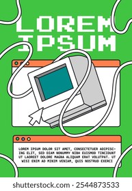 Computer vintage retro with Wire and Mouse pointer and Site And Dump text Vector cartoon illustration for poster