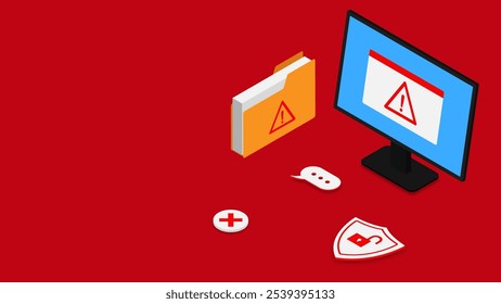 Ataque de vírus de computador, aviso de site perigoso e conceito de alerta de perigo. Fraude on-line e malware com tela de computador 3d isométrica em fundo vermelho. Ilustração vetorial
