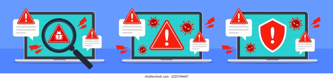 Computervirusangriff auf den Laptop. Warnmeldung zur Systemsicherheit Cyberkriminalität, Verwundbarkeit oder Antivirenkonzept. Malware, Trostware oder Bug. Flacher Cartoon-Symbol-Vektorgrafik. Technologische Illustration.