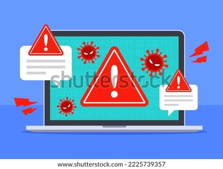 Computer virus attack on laptop. System security threat warning alert. Cybercrime, vulnerability, or antivirus concept. Malware or ransomware. Flat cartoon icon vector design. Technology illustration.