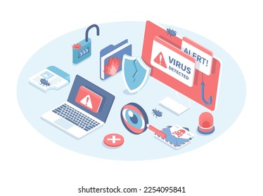 Computer virus attack. Warning messages virus detected on computer screen. Data breaches and hacks. Vector illustration in 3d design. Isometric web banner.