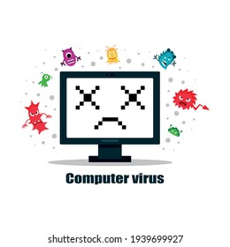 A computer virus attacks a laptop or computer. Vector illustration isolated on white background.