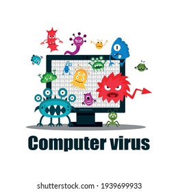 A computer virus attacks a laptop or computer. Vector illustration isolated on white background.