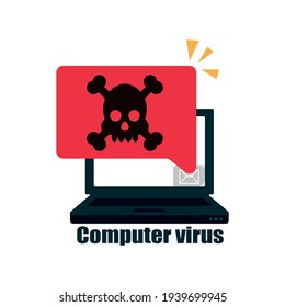 A computer virus attacks a laptop or computer. Vector illustration isolated on white background.