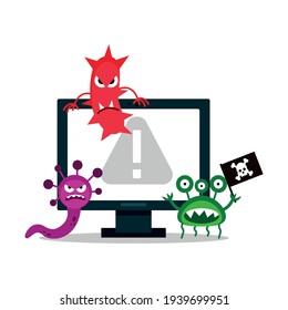 A Computer Virus Attacks A Laptop Or Computer. Vector Illustration Isolated On White Background.