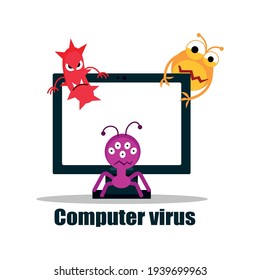 A computer virus attacks a laptop or computer. Vector illustration isolated on white background.