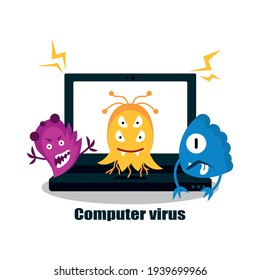 A computer virus attacks a laptop or computer. Vector illustration isolated on white background.