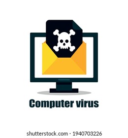 A computer virus attacks a laptop or computer. Vector illustration isolated on white background.