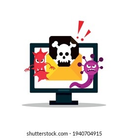 A computer virus attacks a laptop or computer. Vector illustration isolated on white background.