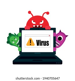 A computer virus attacks a laptop or computer. Vector illustration isolated on white background.