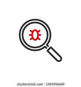 computer virus bug with magnifier glass outline flat icon. Single quality outline logo search symbol for web design mobile app. Thin line design virus bug logo sign. Loupe lens icon isolated on white