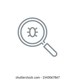 computer virus bug with magnifier glass outline flat icon. Single quality outline logo search symbol for web design mobile app. Thin line design virus bug logo sign. Loupe lens icon isolated on white