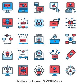 Vírus do computador ícones coloridos definidos. Sinais de vetor de vírus e bugs de PC. Símbolos de linha de conceito do Internet Security