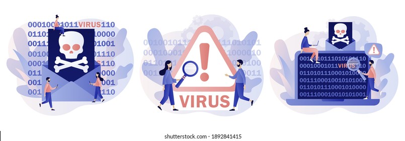 Computer Virus Concept. Hacker Attack And Web Security. Scam Alert. Spam, Malicious Application. Envelope With Skull. Modern Flat Cartoon Style. Vector Illustration On White Background