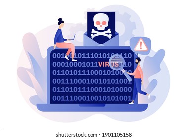Computer virus concept. Hacker attack and web security. Scam alert. Code on laptop screen. Spam, malicious application. Envelope with skull. Modern flat cartoon style. Vector illustration 