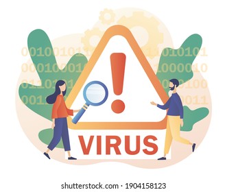Computer virus concept. Hacker attack and web security. Spam, malicious application. Tiny people and scam alert. Modern flat cartoon style. Vector illustration on white background