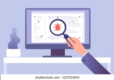 Computer virus concept. Hand with magnifying glass testing software. Bug virus icon on computer screen. Vector illustration