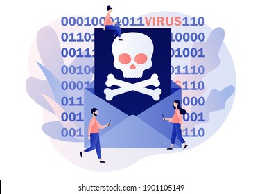 Concepto de virus informáticos. Pequeñas personas abren un gran sobre con el cráneo. Ataque hacker y seguridad web. Alerta de estafa. Spam, aplicación maliciosa. Estilo moderno de dibujos animados planos. Ilustración del vector 