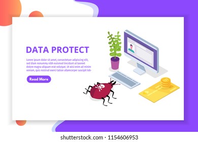 Computer virus, Data Protection isometric concept, Network data, Internet security, Secure bank transaction.  Vector illustration.