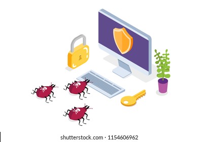 Computer virus, Data Protection isometric concept, Network data, Internet security, Secure bank transaction.  Vector illustration.