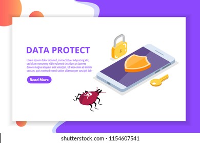 Computer virus, Data Protection isometric concept, Network data, Internet security, Secure bank transaction.  Vector illustration.