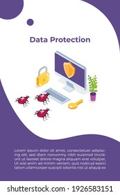 Computer virus, Data Protection isometric concept, Network data, Internet security, Secure bank transaction.  Vector illustration.