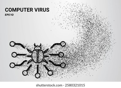 A computer virus depicted with small circles and dots, with particles swirling around it. Vector illustration.