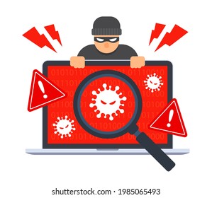 Computer virus detection icon. System error warning on a laptop. Emergency alert. Scanning for malware, virus, or scam with a magnifying glass. Antivirus concept. Trendy flat style illustration. 