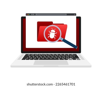 Computer virus detection. Searching bugs. Data protection. Magnifier glass.