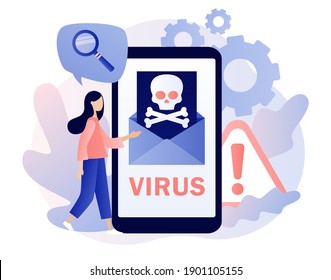 Virus informático. Sobre con calavera en la pantalla del smartphone. Ataque hacker y seguridad web. Alerta de estafa. Spam, aplicación maliciosa.Estilo moderno de caricatura plana. Ilustración del vector sobre fondo blanco