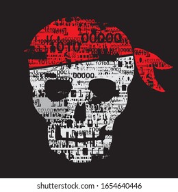 
Computer virus, Grunge pirate digital skull. 
Illustration of grunge stylized skull with destroyed binary codes. Symbol of online piracy, hacking. Vector available.