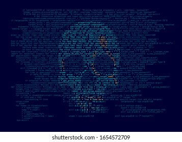 computer virus or hacker concept, programming script combined with shape of skull