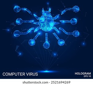 Holograma de virus informático hecho de polígonos y líneas. Una red de infecciones digitales de baja poli, que representa las amenazas a la ciberseguridad como un concepto de tecnología moderna y basada en Vectores.