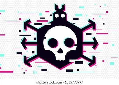 Computer virus illustration. Glitch style background with web bug. Error data concept. Hacker warning vector clip art.