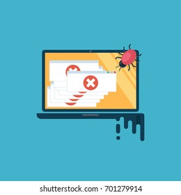 Computer virus. The computer is infected, there are a lot of alert messages. Flat vector illustration