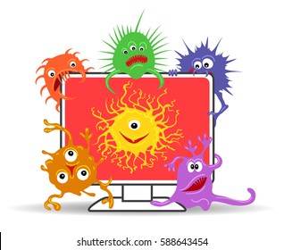 Computer Virus Internet Security Attack Vector Illustration. Display Icon With Viruses Danger Isolated On White Background