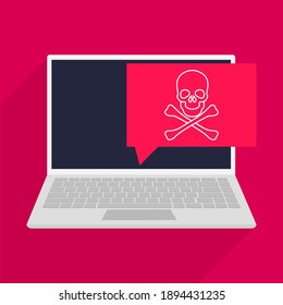 virus computacional en el concepto de laptop sobre diseño plano de ilustración de vector de fondo rosa
