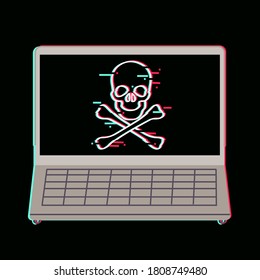 computer virus in the laptop on black background vector illustration cartoon flat design 