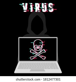 computer virus in the laptop on black background vector illustration cartoon flat design 