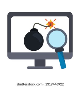 computer with virus and magnifying glass