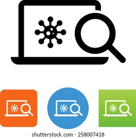 Computer with virus and magnifying glass icon