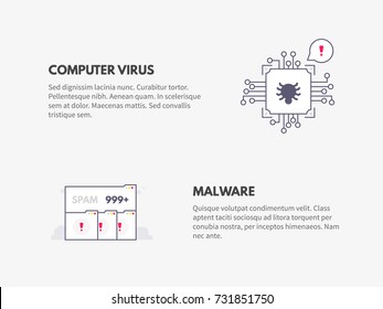 Computer virus and Malware. Cyber security concept. Vector thin line illustration design.