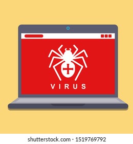computer virus on a laptop. hacking spyware. flat vector illustration