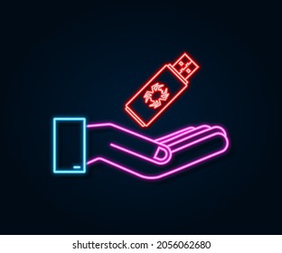 Computer virus on usb flash card in hands. Neon icon. Virus protection. Vector stock illustration.