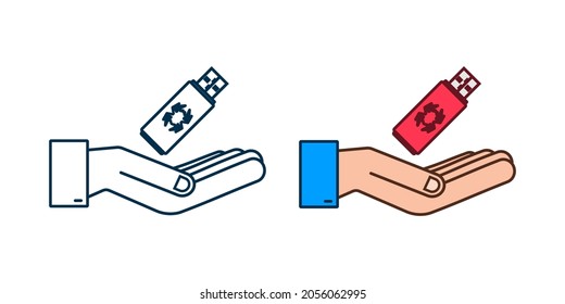 Computer virus on usb flash card in hands. Virus protection. Vector stock illustration.
