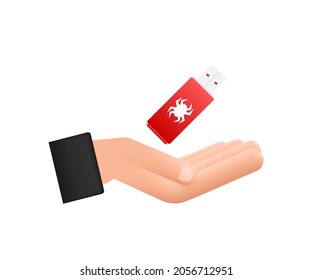 Virus informático en la tarjeta flash usb en las manos. Protección contra virus. Ilustración de material vectorial.