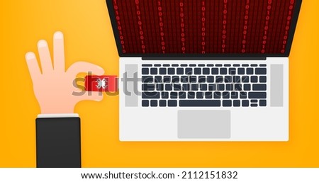 Computer virus on usb flash card in hands. Virus protection. Vector stock illustration.