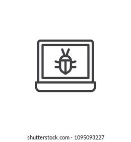 Computer virus outline icon. linear style sign for mobile concept and web design. Infected laptop simple line vector icon. Symbol, logo illustration. Pixel perfect vector graphics